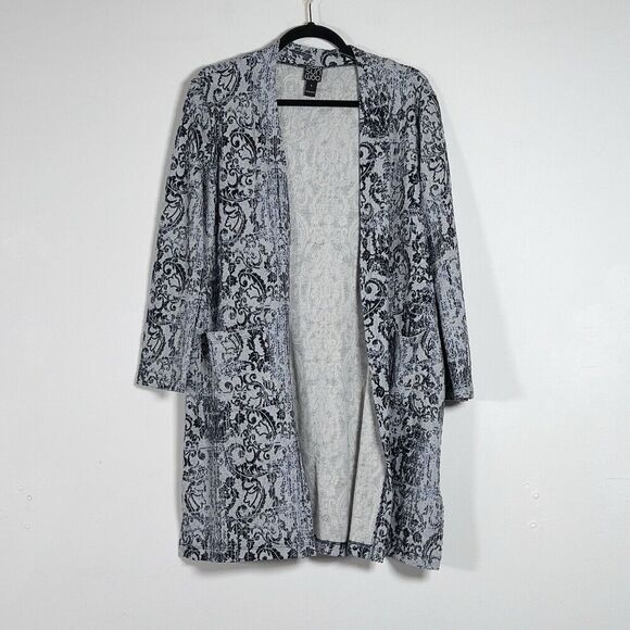 Clara Sun Woo Sweaters - Clara Sun Woo Longline Cardigan Womens Sz L Blue Gray Open Front Scroll Filigree